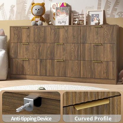Fluted Wood Dresser for Bedroom,63” Wide 9 Drawer Dresser Mid Century Chest of Drawers Wooden with Gold Handles,Dressers TV Stand Storage Organizer for Closet,Bedroom,Living Room, Walnut