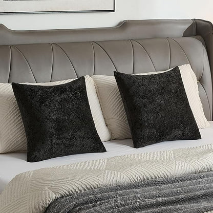FUTEI Black Flannel Throw Pillow Covers 24x24 Inch Set of 2,Soft Dimensional Textured European Cushion Cases,Modern Home Decor for Couch Living Room