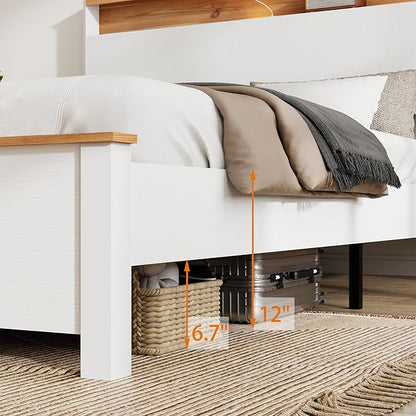 Queen Bed Frame, Wood Platform Bed Frame with Storage Headboard, Charging Station, Modern Bedframe Queen Size, 800lbs Capacity, Metal Slat Support, Noise-Free, No Box Spring Needed, White
