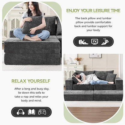 79" Boneless Cloud Loveseat Sofa Couch, Modular Foldable Floor Sofa with Ottoman, Chenille Lounge Convertible Sofa Bed for Living Room, No Assembly, Dark Grey
