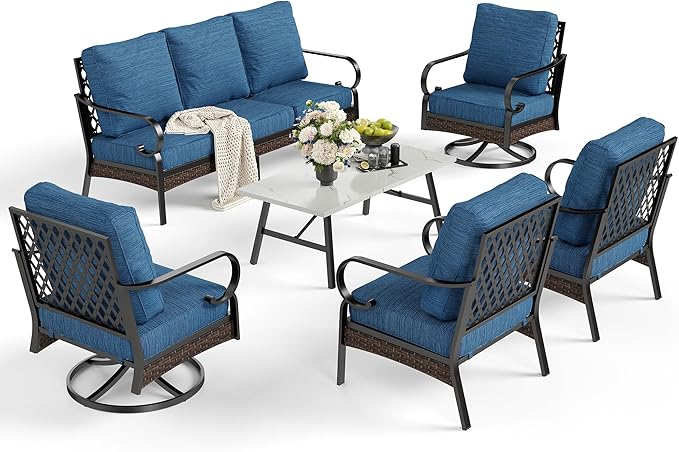 6 Piece Metal Outdoor Patio Furniture Set - 1 3-Seater Sofa, 2 Fixed & 2 Swivel Sofas with 5.75" Thick Cushion & Coffee Table - Black & Blue