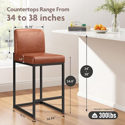 ALPHA HOME 24 Inch Bar Stools Set of 6, Kitchen Counter Stools with Backs, PU Leather Barstools, Kitchen Stools with Back&Upholstered Footrest, Sturdy Chromed Metal Steel Frame, Brown