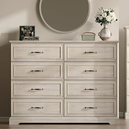 Farmhouse 8 Drawers Dresser for Bedroom, 54" Wide Modern Chest of Drawers with Deep Drawers & Bar Handles, Rustic Wood Dresser TV Stand, Wooden Closet Storage Organizer for Living Room, Hallway, Grey