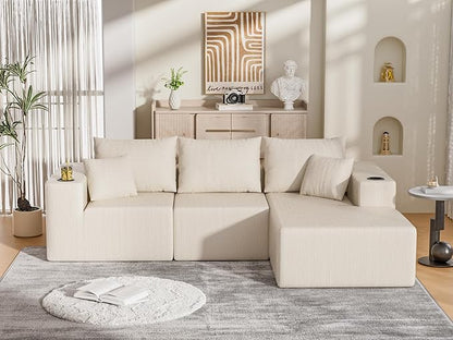107" Cloud Sectional Couch, Modular Sectional Sofa with L-Shape Chaise, Corduroy Boneless Couch with Deep Seat, Upholstered Sofa for Living Room, No Assembly Required(Right-Facing Chaise, White)