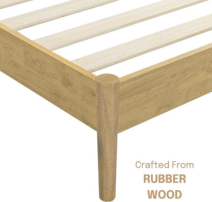 NTC Inno Wooden Bed Frame with Headboard, Solid Oak and Rubber Wood Foundation with Silent Slats and Wood Central Supports, 1000 Lb Capacity, Effortless Assembly, Queen - Sand