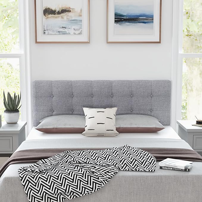 KOMFOTT Linen Upholstered Headboard for Full & Queen Size Bed Frame, Modern Tufted Button Bed Headboard with Solid Rubber Wood Legs, Rectangular Headboard with Adjustable Width, Gray