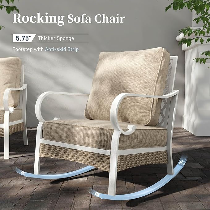 6 PCS Metal Outdoor Patio Furniture Set, Patio Conversation Set 1 3-Seater Couch, 2 Fixed Sofa, 2 Rocking Sofa with 5.75" Thick Cushion and Coffee Table White Backyard Furniture, Beige