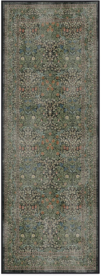 RUGGABLE x Morris & Co Machine Washable Runner Rug – Blackthorn Forest Green 2.5x7, Stain-Resistant, Non-Slip – Washable Rug for Hallway, Entryway, Living Room & Kitchen–with Standard Pad