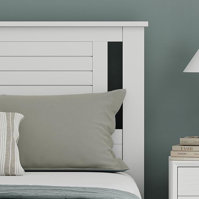 Serene Poplar Wood Queen Size Headboard in White, Modern Farmhouse Panel with Horizontal Scoring, Casual Coastal Style, Easy Assembly, Quality Materials