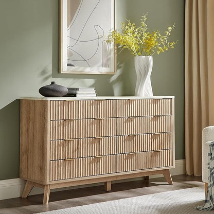 T4TREAM Fluted 8 Drawers Dresser, 54" Wide Modern Chest of Drawers with Faux Marble Top, Curved Profile Design, Dresser TV Stand, Wood Drawer Organizer for Bedroom, Living Room, Hallway, Natural Oak