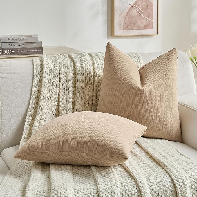 FUTEI Khaki Decorative Throw Pillow Covers 26x26 Inch Set of 2,Soft Cozy Wheat Ear Striped Patterns Euro Pillow Shams,Modern Home Decor for Couch Bed Living Room