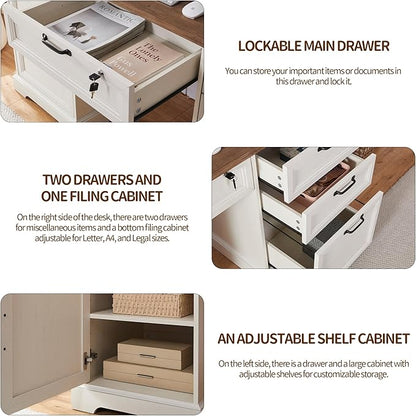 60" Farmhouse Executive Desk with 40" Mobile File Cabinet,L Shaped Desk Set with Charging Station,Office Desk with Storage Drawers,Wood Computer Desk Set for Office Work,Home Study