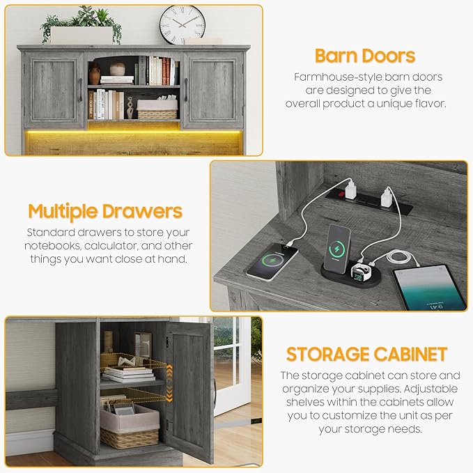 Vabches Farmhouse 47" Executive Desk with Hutch, 2 Drawers and LED Light, Computer Desk with Storage Cabinet and Charging Station,Workstation for Home Office and Study.Grey