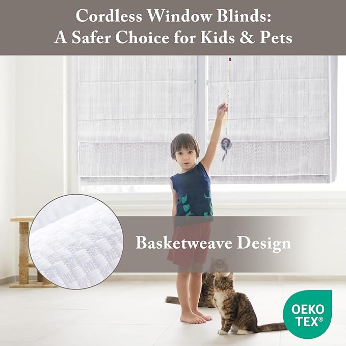 Madison Park Galen Matte White Cordless Roman Shades - Fabric Privacy Single Panel Darkening, Energy Efficient, Thermal Insulated Window Blind Treatment, for Home, Living Room Decor, 29" W x 64" H