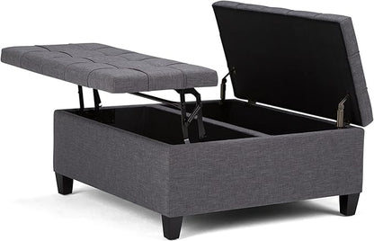 SIMPLIHOME Harrison Coffee Table Storage Ottoman - 36 inch Wide Upholstered Linen Look Fabric Square Lift-Top Ottoman in Slate Grey, Transitional Ottoman for Living Room with Hidden Storage