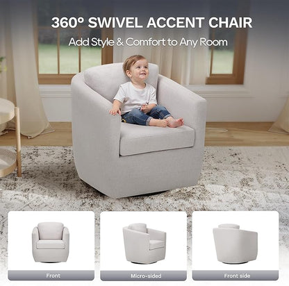 COLAMY Swivel Accent Chair, Round Upholstered Swivel Barrel Armchair Metal Base Fabric Chair Modern No Assembly Sofa Chair for Living Room Bedroom Reading Apartment Nursery, Beige(2pc)