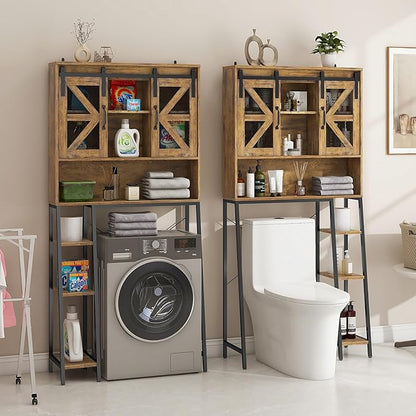 Over The Toilet Storage Cabinet, Farmhouse Storage Cabinet Over Toilet with 2 Sliding Barn Door，Home Space-Saving Toilet Rack, for Bathroom, Restroom, Laundry.(Brown)