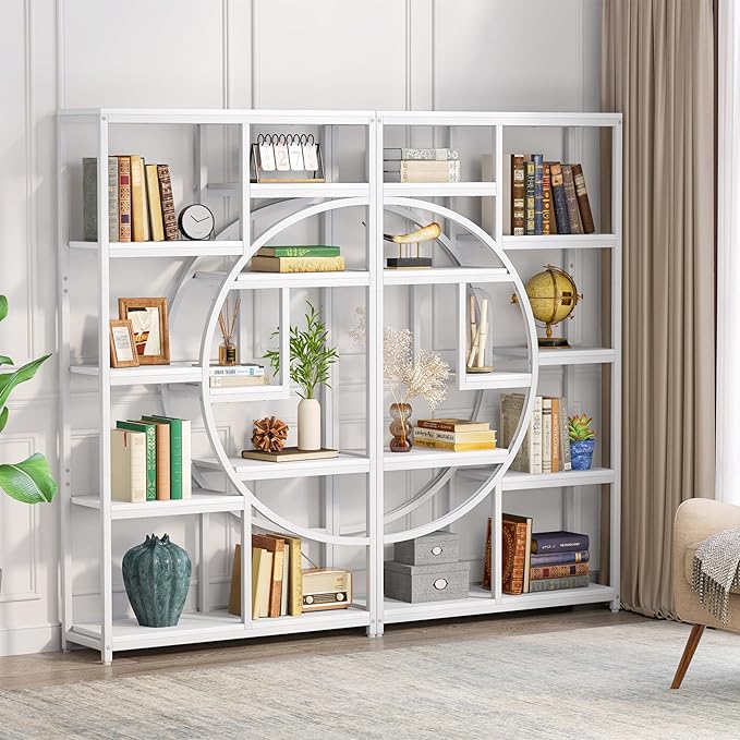 Tribesigns Bookshelf Industrial 5 Tier Etagere Bookcase, Freestanding Tall Bookshelves Display Shelf Storage Organizer with 9-Open Storage Shelf for Living Room, Bedroom (White, 2 Pack)
