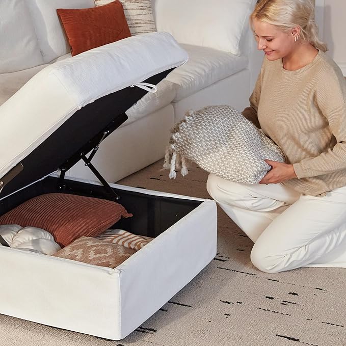 Modular Cloud Sofa, 141.7" Cloud Sectional Couches with Deep Seat, L-Shape 4-Seat Couch with Ottoman for Living Room, Modern Comfy Couch with Washable Cover, Wide Armrest (White,1 Ottoman)