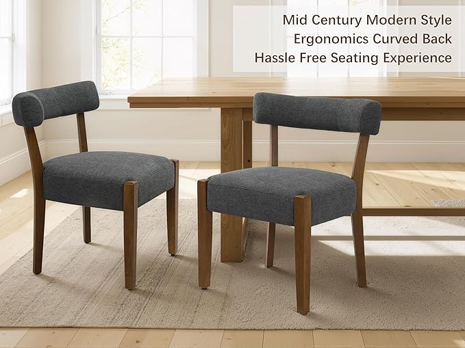 Modern Dining Chairs Set of 8, Walnut Upholstered Kitchen & Dining Room Chairs, Mid Century Wooden Dining Chairs Oversized Sturdy Fabric Rounded Chairs Curved Back, Dark Grey