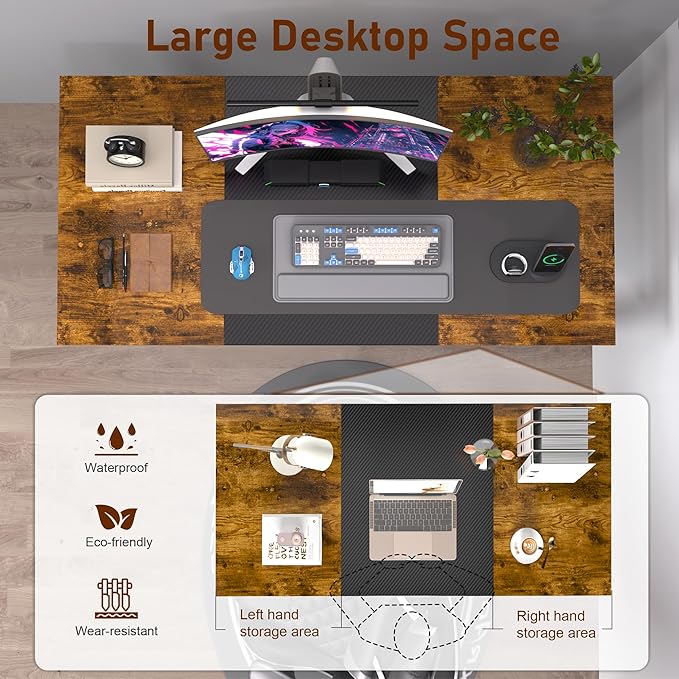 55inch Computer Desk with Deeper Carbon Fiber Desktop, Gaming Office Desk with Sturdy Metal Frame,Home Office Desk for Gaming, Working, Studying, Rustic Brown