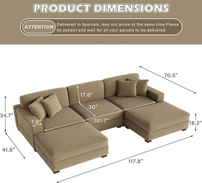 Modular Sectional Couches for Living Room, 118" Modern Upholstered Sofa Couche with Ottoman for Living Room Bedroom, Camel