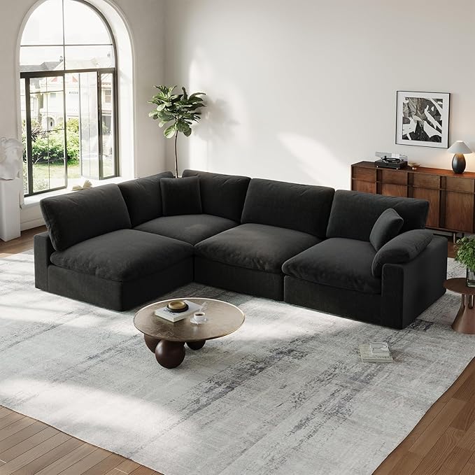 Cloud Modular Couch for Living Room,V Shape Linen Blend Sofas,Modern Deep Seat Cloud Sofas,Convertible Comfort Down Filled Sectional Couches,Removable Washable Cushion Covers,Black