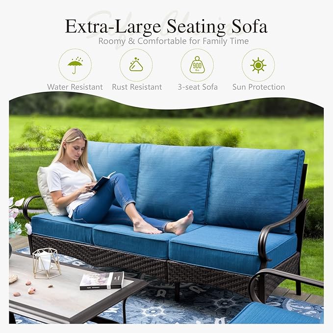 Sophia & William Patio Furniture Set, 4 Piece Metal Outdoor Conversation Set with 3-Seater Outdoor Couch, 2 Sofa Chairs, 1 Coffee Table for Outdoor Seating, Backyard, Porch(Navy Blue)