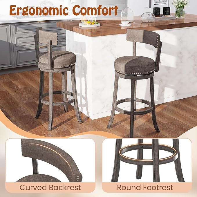 COSTWAY Bar Stools Set of 4, Upholstered Farmhouse Bar stools with Cushioned Seat & Backrest, Solid Wood Legs, Footrest, 31” Bar Height Swivel Stools for Kitchen Island, Pub (4, 31'' Seat Height)