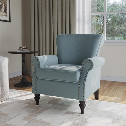 Accent Chair, Upholstered Armchair with High Resilience Sponge & Wood Legs, Mid-Century Modern Comfy Single Sofa Reading Chairs for Living Room, Bedroom (Blue, Set of 1)