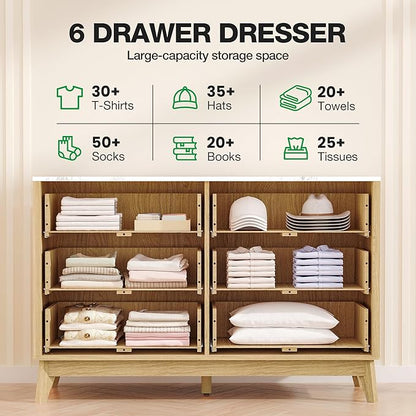 Fluted 6 Drawer Dresser, 47" Wide Chest of Drawers with Faux Marble Top, Modern Dresser TV Stand, Wood Closet Clothes Storage Organizer with Curved Edges for Bedroom, Living Room, Natural