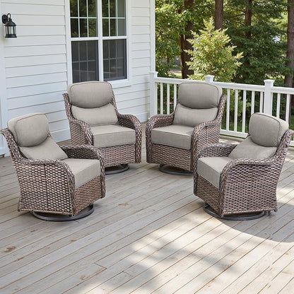 Rilyson 4 Piece Outdoor Patio Swivel Rocker Chairs, Waterproof Wicker, High Back, Deep Seating, Wide Armrest, Upgraded 6 inch Thick Cushions, Ideal for Deck Porch Backyard, Brown/Beige