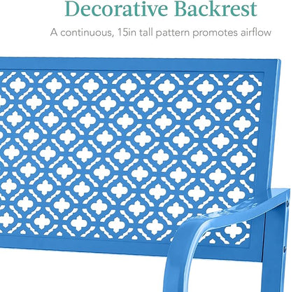 Best Choice Products Outdoor Bench 2-Person Metal Steel Benches Furniture for Garden, Patio, Porch, Entryway w/Geometric Backrest, 790lb Capacity - Ocean Blue