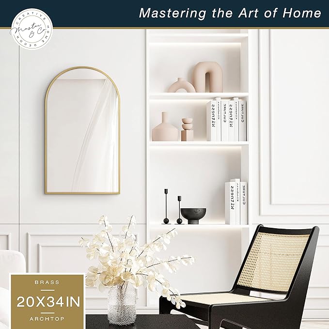 MCS Master & Co. Modern Metal Large Wall Mirror, Minimalist Home Decor Arch Mirror for Living Room, Bedroom, or Bathroom, 20 by 34 Inch, Brass
