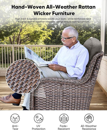 HUMMUH 3-Piece Swivel Rocking Rattan Chair Outdoor, Patio Bistro Furniture Conversation Set,Cushioned Wicker Chair with Glass Coffee Table(Brown, Grey)