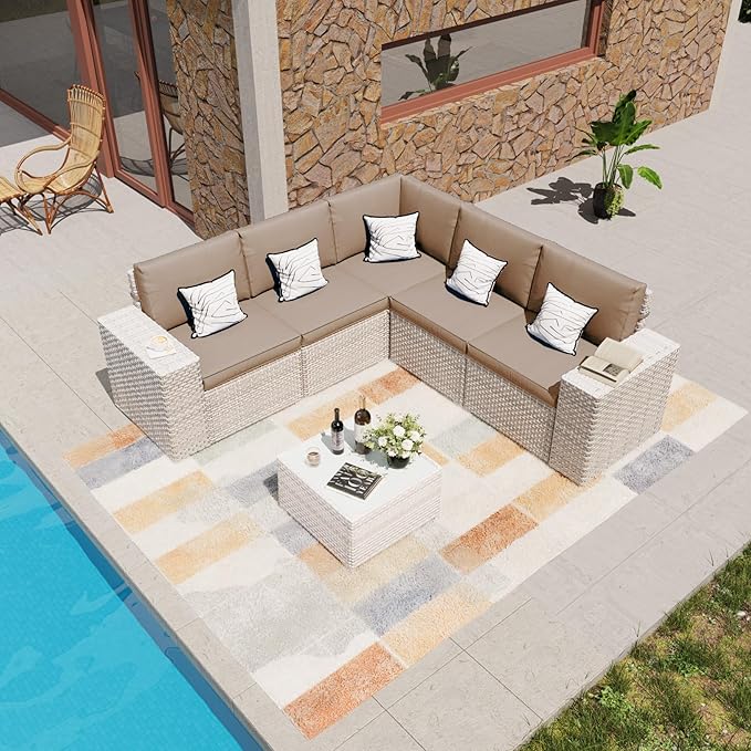 6-Piece Patio Furniture Set, Outdoor Extra Wide Armrest Modular Patio Sofa, Dual-Strand Rattan Wicker, Rust-Resistant Frame, Backyard High Back, Large Seat Furniture for Porch Garden Balcony, Khaki