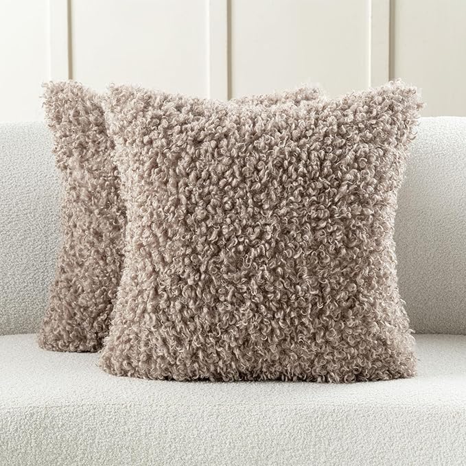 FUTEI Khaki Decorative Throw Pillow Covers 24x24 Inch Set of 2,Soft Fluffy Faux Wool Fur Boucle Textured European Cushion Case,Modern Home Decor for Couch Bed Living Room Office