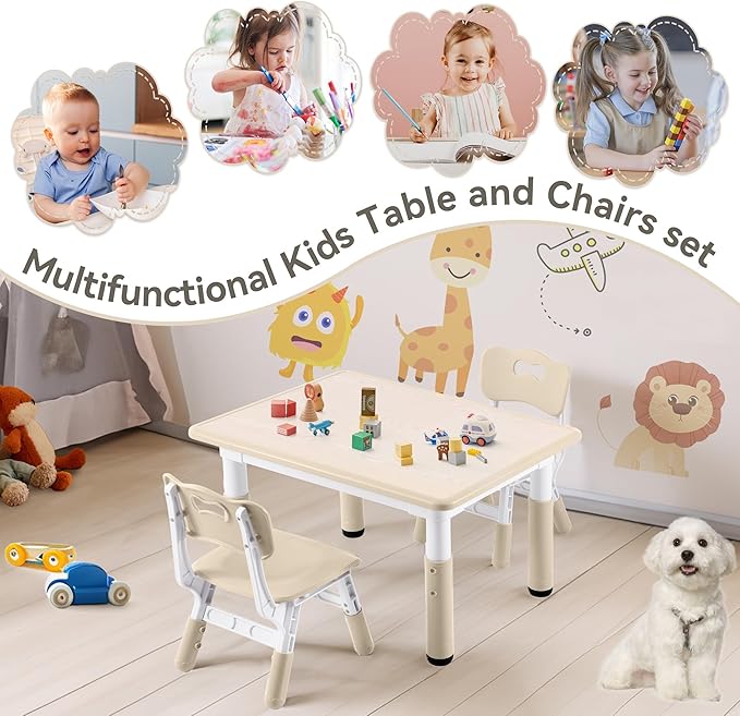 Kids Study Table and Chairs Set, Height Adjustable Toddler Table and Chair Set for Kids Ages 3-8, 31.5" L x 23.6" W Graffiti Desktop Plastic Children Art Table with 2 Seats, Burlywood