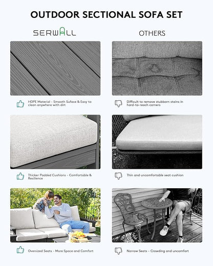 SERWALL HDPE Patio Sofa Set, 4-Piece Sectional Outdoor Furniture Set, All Weather Outdoor Couch Set Patio Furniture Set for Deck, Lawn, Grey Frame with Khaki Cushion