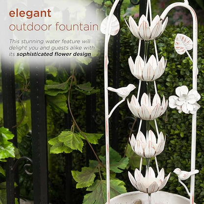 Alpine Corporation YHL866 30"" Metal Rustic Water Fountain with Decorative Flower – Cascading Waterfall Feature for Gardens, Patios, and Outdoor Décor, White