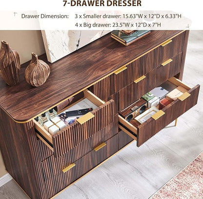 T4TREAM Fluted 9 Drawers Dresser, Modern Wooden Top Chest of Drawers with Curved Profile Design, Dresser TV Stand Drawer Organizers for Bedroom, Living Room, Hallway(Dark Walnut)