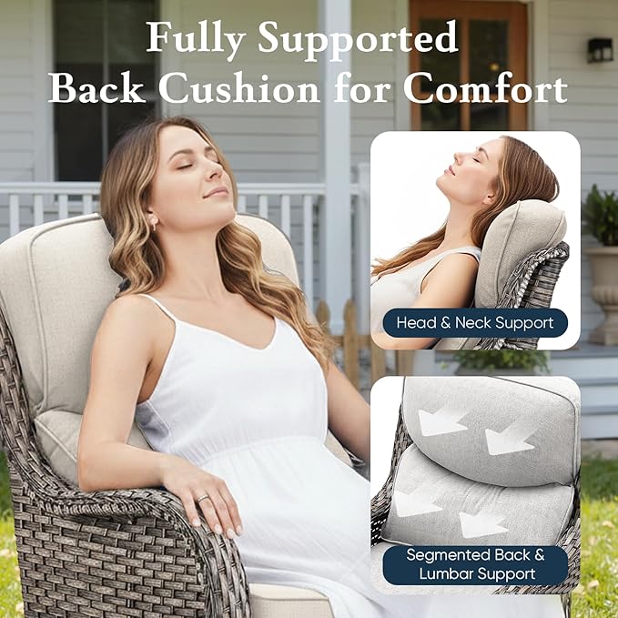 Belord Luxury 6" Thick Cushioned Outdoor Swivel Rocker Chairs Set of 4 with Fire Pit Table, High Back Wicker Patio Furniture Set with Ergonomic Zone Back, Conversation Set for Deck Porch - Grey+Beige