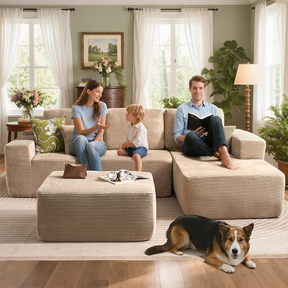 106" Cloud Sectional Couch with L-Shape Chaise & Ottoman, No Assembly Modular Sofa, Deep Seat Corduroy Boneless Couched for Living Room (Camel Stripe Corduroy, Right Facing Chaise with Ottoman)