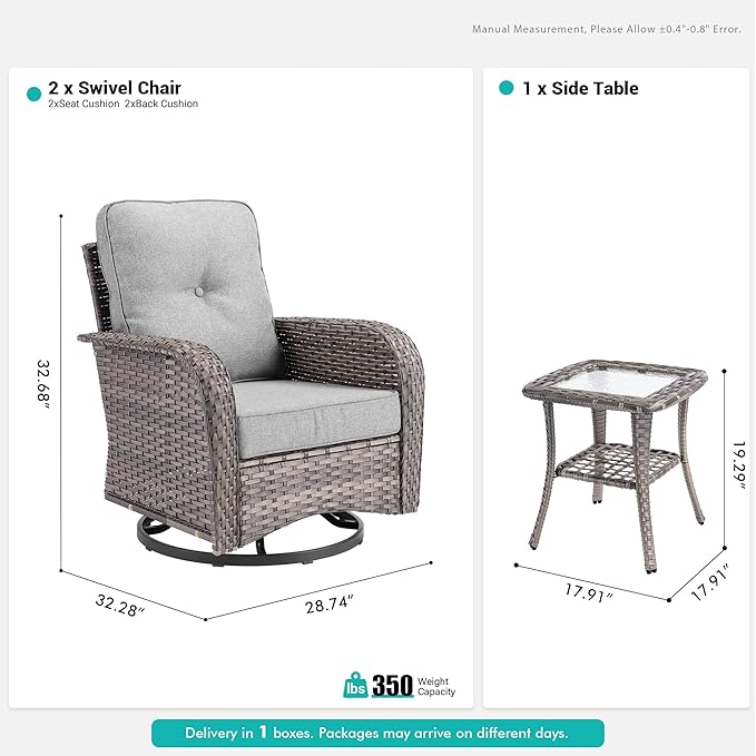 Wicker Rocking Chair Swivel Chairs - 3 Piece Rocker Glider Patio Chairs Set Rattan Rocking Chair for Outdoor Porch Deck Garden Backyard,Dark Grey