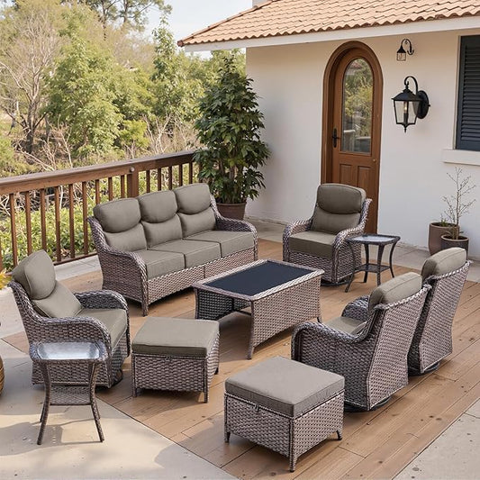 Belord Luxury 6" Thick Cushioned 10 Pieces Patio Furniture Set with Outdoor Couch, Wicker Outdoor Conversation Set with High Back Swivel Rocker Chairs for Deck Porch Yard and Poolside - Brown+Grey