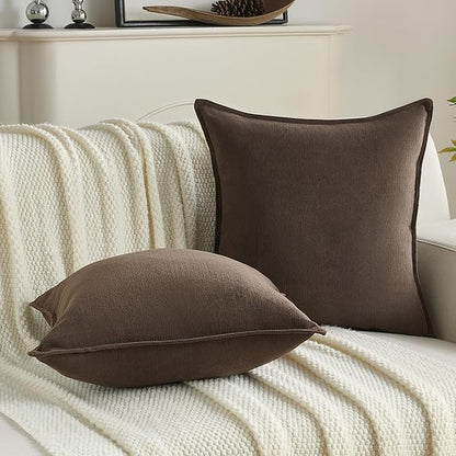 FUTEI Dark Coffee Chenille Throw Pillow Covers 18x18 Inch Set of 2,Edges Double-Stitched Cushion Cases,Modern Home Decor for Couch Living Room