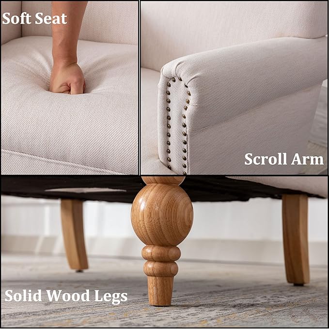 Modern Linen Accent Chairs Set of 2 Comfy Reading Chairs Upholstered Lounge Chair Single Sofa Couch for Bedroom/Living Room, Cream