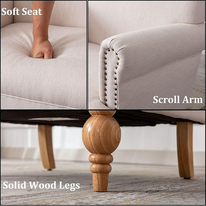 Modern Linen Accent Chairs Set of 2 Comfy Reading Chairs Upholstered Lounge Chair Single Sofa Couch for Bedroom/Living Room, Cream