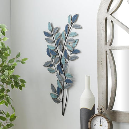 Deco 79 Metal Leaf Home Wall Decor Wall Sculpture with Gold Accents, Wall Art 15" x 1" x 32", Blue