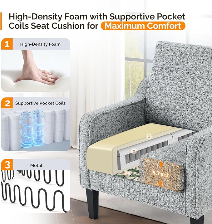VINGLI Accent Chair for Living Room Chairs Reading Chair for Bedroom Chair Scooped Arm Chair Mid Century Modern Accent Chairs Upholstered Comfy Chair for Apartment, Waiting Room (2, Texture Gray)